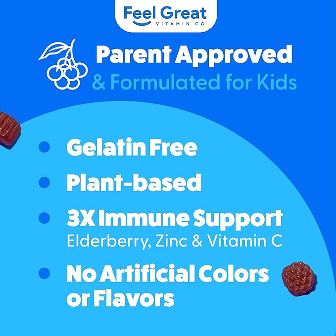 Feel Great Vitamin Co. Elderberry Gummies for Kids | Immune Support | Natural Antioxidant Immune Booster | with Vitamin C and Zinc | Gluten Free & Vegetarian | 90 Gummies