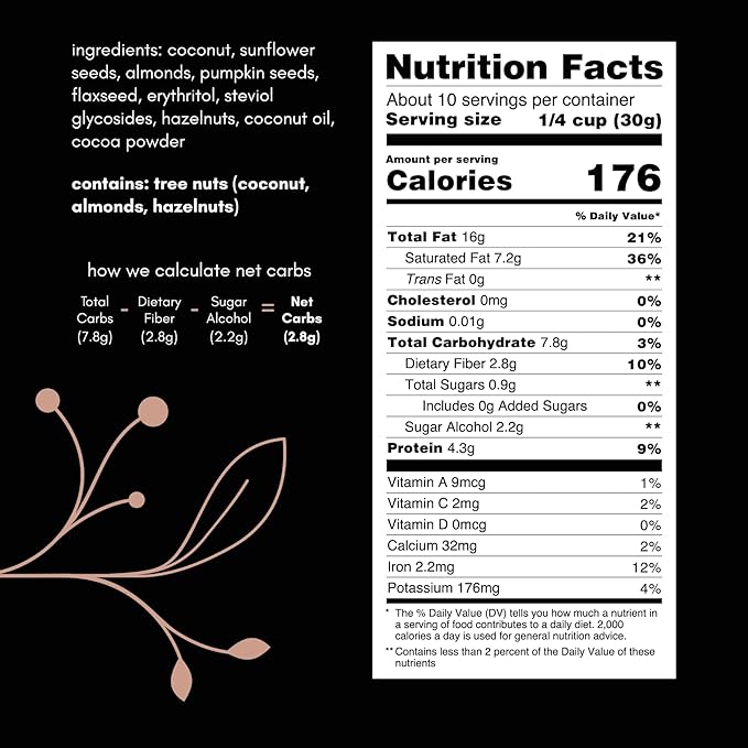 Keto Hana Keto Nut Granola (11oz), Cocoa Flavored- Low Carb, Low Calorie, High Protein (2g Net Carbs) (Pack of 2)