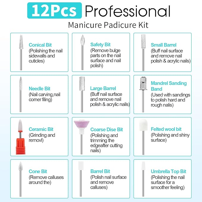 Electric Nail Drill, Professional Manicure Pedicure Kit, Cordless Electric Nail File Set, Rechargeable Pedicure Tools for feet, 3 Speeds Hand Foot Care Nail Drill for Thick Nail Toenail Cuticle