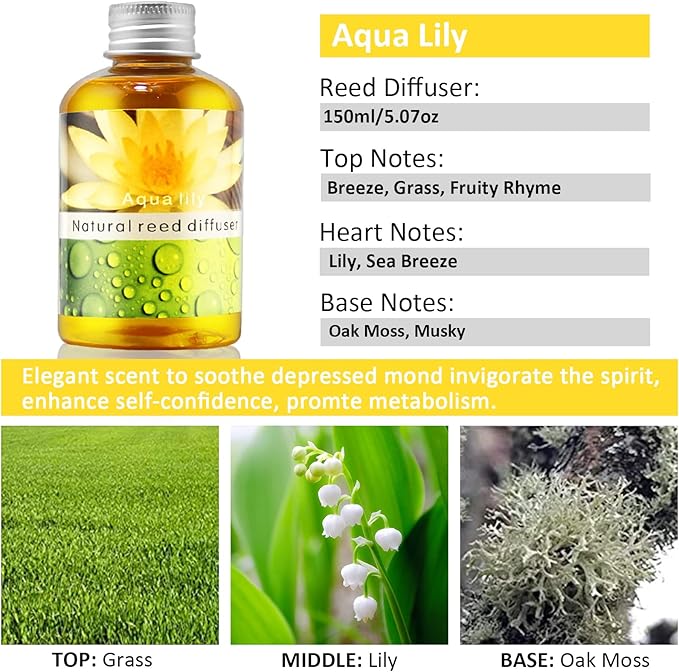 Reed Diffuser Set, Home Fragrance & Decorative Diffuser, Dried Flower Aromatherapy Oil Set, Oil Diffuser Sticks, Ceramic Bottle 5.07 oz(150ml) /1 Pack (Aqua Lily)