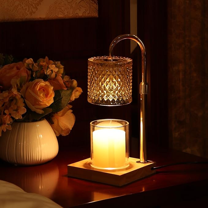 Candle Warmer Lamp, Candle Lamp Wax Warmer, Timer & Dimmer 7-Levels, Fits Cup Jar Candle, Top Melting, Crystal Heater Lamp for Scented Wax, Elegant Home Decor, Brass Glass