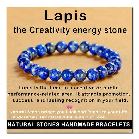 AD Beads Handmade Gemstone Stretch Elastic Bracelet Crystal Healing Reiki Nature's Beauty and Spiritual Essence Unisex (8mm, Lapis Lazuli)