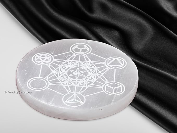 Amazing Gemstone Selenite Crystal Charging Plate For Crystals And Healing Stones, 3" Selenite Crystal Plate Engraved Metatron Platonic Solid Coaster For Home, Office Table Decor (Selenite Round Disc)