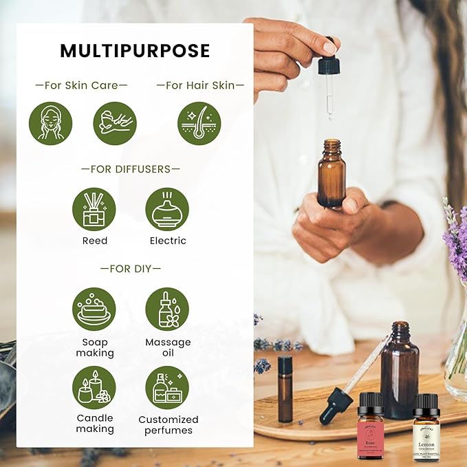 yethious Rose Lemon Essential Oils Set 2pcs*10ml 0.66oz 100% Organic Pure Aromatherapy Gift Oil Kit for Diffuser Rose Oil Essential Oil