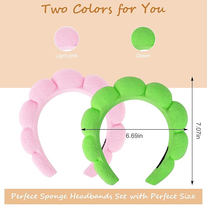 AMCAMI 2 PCS Puffy Spa Headband for Women Sponge Headbands for Girls Terry Towel Cloth Fabric Head Band for Skincare,Makeup Removal,Face Washing,Facial Mask,Shower,Hair Accessories（Green&Light Pink）