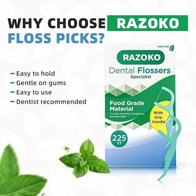 RAZOKO Dental Floss Picks | Toothpick, Shred-Resistant Floss, Easy Grip Handle, Fresh Mint Flavor, 75 Count (Pack of 3)