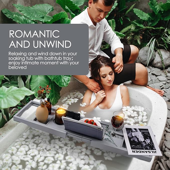 Foldable Bathtub Caddy Tray, Bamboo Bath Tub Tray Table for Tub with Wine Glass Holder Book Phone Tablet Holder with Extending Sides, Adjustable Bathroom Bathtub Free Soap Holder Gift Idea (Grey)