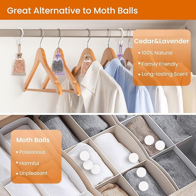 Homode Cedar Blocks and Lavender Sachets for Closets and Drawers - Pack of 10 Cedar Wood Chips and 1 Lavender Scent Satchel