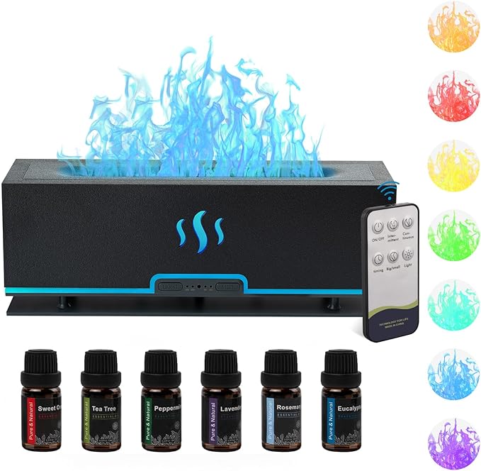 7 Colors Flame Diffuser Essential Oil Diffuser with 6 Essential Oils, 200ml Ultra-Quiet Aromatherapy Diffuser for Office Home Bedroom Aroma 360 Diffuser (Fire-Gray Set)