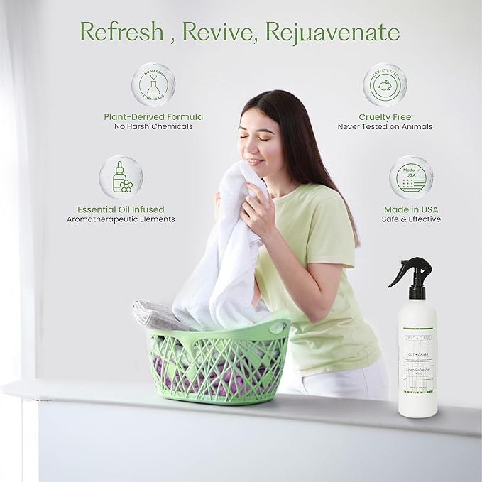 FIELD FLEUR Cut Grass Linen & Room Spray 15.5 oz - Aromatic & Refreshing Bedding & Fabric Mist - Air Freshener for Clothes & Sofas - Notes of Clover, Green Grass, Wisteria & Jasmine - Made in USA