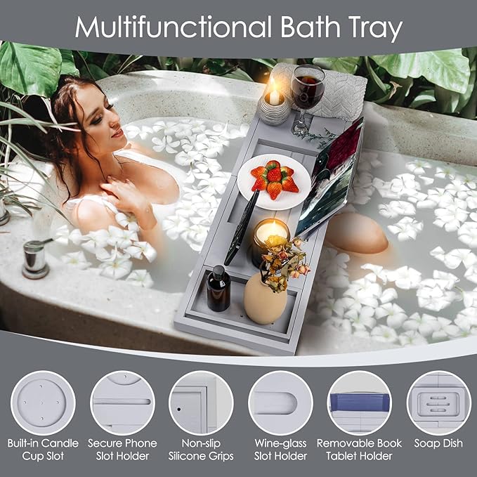 Foldable Bathtub Caddy Tray, Bamboo Bath Tub Tray Table for Tub with Wine Glass Holder Book Phone Tablet Holder with Extending Sides, Adjustable Bathroom Bathtub Free Soap Holder Gift Idea (Grey)