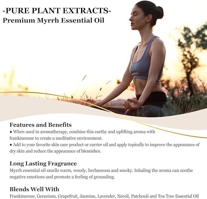 EUQEE Myrrh Essential Oil, Premium Myrrh Oil with Glass Dropper for Aromatherapy, Diffuser, Soap Candle Making - 4 Fl oz/ 118ML