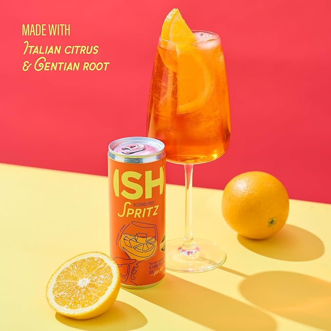 ISH Spritz, Non Alcoholic Aperol Canned Cocktail, Award Winning Non-Alcoholic Spirits, Gluten Free, Zero Proof Orange Bitters, Mocktail Drinks, Ready to Drink Cans, Mocktails for Party, 4 Pack