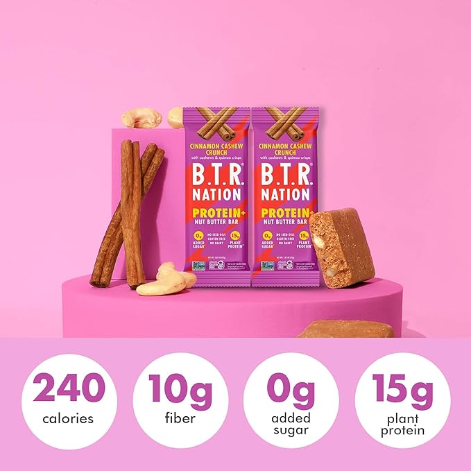 B.T.R. Nation Vegan Keto Plant Based High Protein & High Fiber Bars - Cinnamon Cashew Crunch Protein+ | 12 Bars | Low Carb & GF, Free of Sugar Alcohols, Dairy, Soy and with Powerful Superfoods!