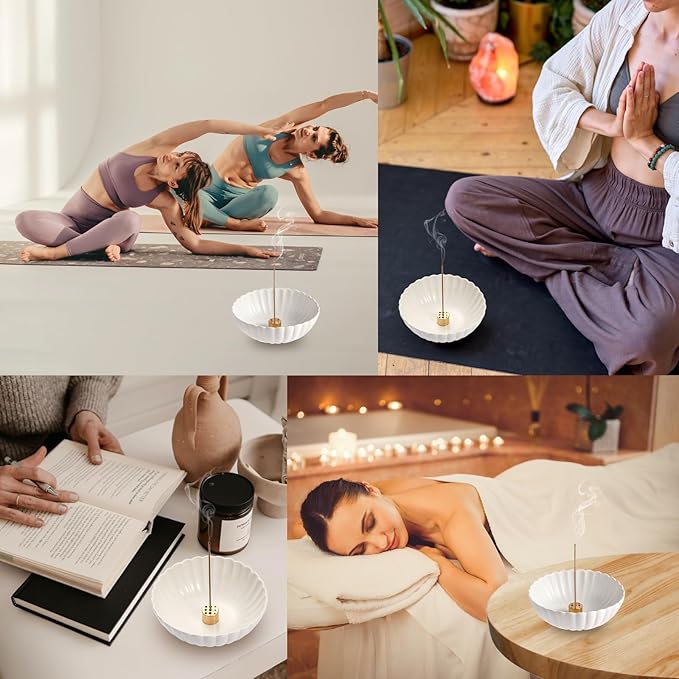 Incense Holder for Sticks, Ceramic Smudge Bowl Ash Catcher for Incense, Cones, Sage and Palo Santo, Incense Burner Holder Ideal for Smudging, Incense Burning, Decoration (White)