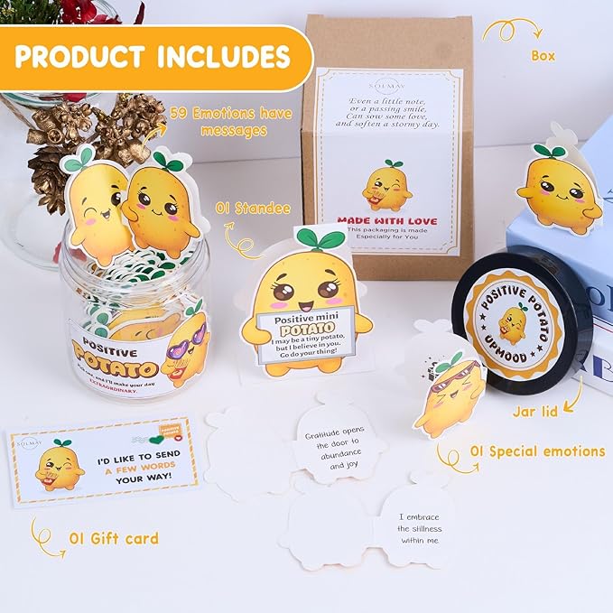 Positive Potato Jar – 60 Motivational Messages & Affirmation Cards with Standee | Cute Desk Decor & Just Because Gift for Women, Coworkers, Teachers | Daily Encouragement, Emotional Support