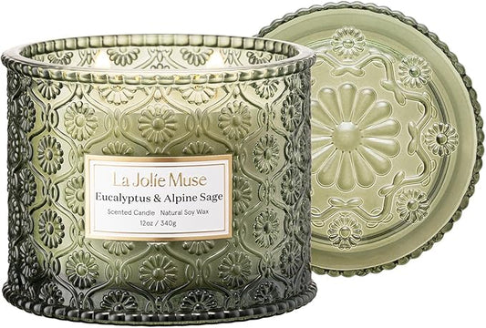 LA JOLIE MUSE Eucalyptus & Alpine Sage Candle - Eucalyptus, Sage, Lavender | 12 oz Large 2-Wick Soy Wax Candle | 60 Hours Clean Burn | Aromatherapy Candle | Gift-Ready for Hosts & Gatherings