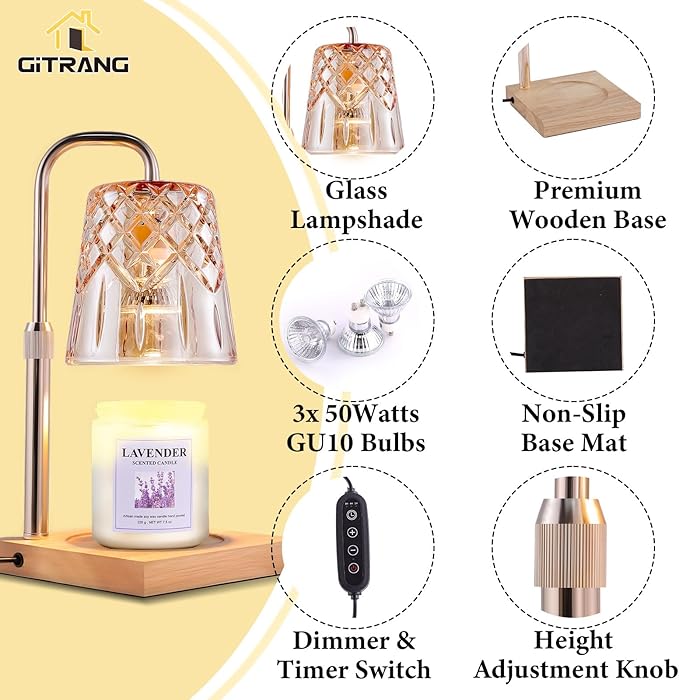 Candle Warming Lamp with Timer Dimmer, Adjustable Height Electric Wax Melt Warmer for Jar Candles with 3 Bulbs, Mother's Day Women's Home Decor Gift, Square Base with Champagne Color Pole