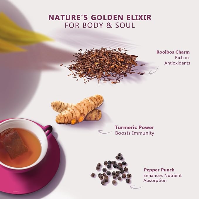 Olinda Turmeric Rooibos and Pepper Herbal Tea Organic Caffeine Free Tea for Weight Loss Detox and Antioxidant Support 28 Tea Bags Hot or Cold Brew