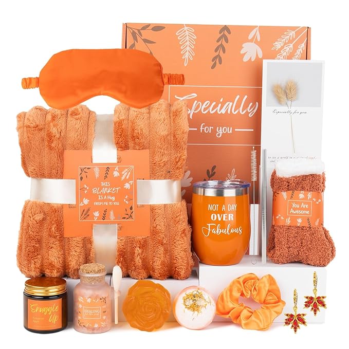 Self Care Package for Women, Orange Get Well Gifts for Women, Fall Gift Baskets for Woman, Thinking of You Self Care Gifts for Woman, Relaxing Birthday Spa Gift Baskets for Mom, Sister, Her, Friend