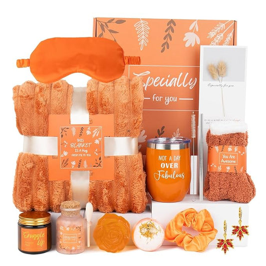 Self Care Package for Women, Orange Get Well Gifts for Women, Fall Gift Baskets for Woman, Thinking of You Self Care Gifts for Woman, Relaxing Birthday Spa Gift Baskets for Mom, Sister, Her, Friend