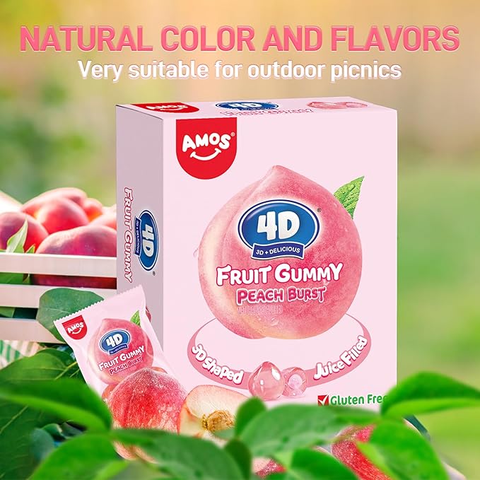 AMOS 4D Gummy Peach Burst Candy – Juice-Filled Peach-Shaped Fruit Gummies, Gluten-Free, Naturally Flavored, 8.47oz (240g) Bag – Fun 3D Candy for Kids & Adults