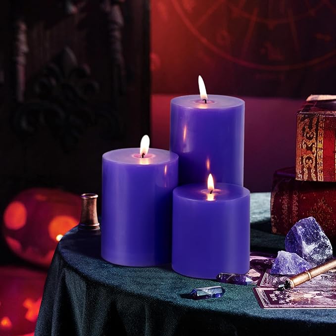 KONNI Violet Pillar Candles Set of 3, 3"x 6" Unscented Pillar Candles Bulk, 56 Hours Long Burning Candles, Smokeless and Dripless Large Round Candle for Wedding, Home Decoration, Parties, Spas, Dinner