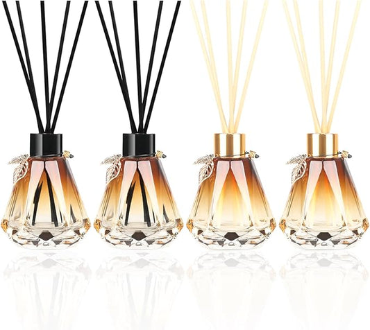 Reed Diffuser, Reed Diffuser Empty Bottles with 20pcs Reed Diffuser Sticks, Delicate Gold Leaf Decor, Glass Fragrance Diffuser Set with lids for Home… (Black+Gold, 4PCS)