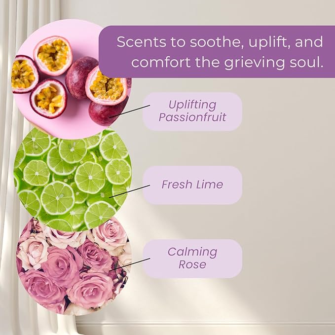 Hugs and Healing Energy Sympathy Candle. 12oz Wooden Wick Candle with Natural Soy Wax. Memorial, Grief Gift for Loss of Loved One, Get Well Soon Gift with Iridescent Glass Jar & Floral Design