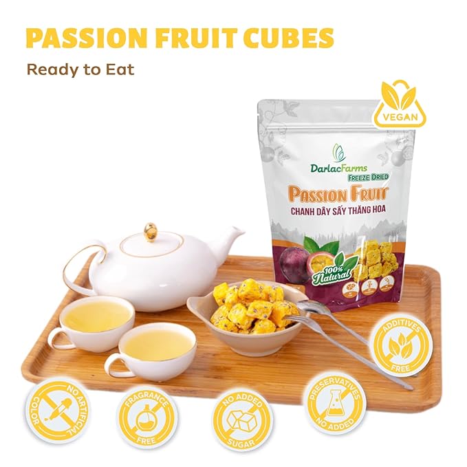 DARLAC FARMS Freeze Dried Passion Fruit Cubes, 2 Oz x Pack 6, No Sugar Added, Healthy Fruit Snacks for Kids, Adults & All Ages, Premium Organic Crispy Crunchy Snacks, Tea, Baking, Smoothie, Yogurt