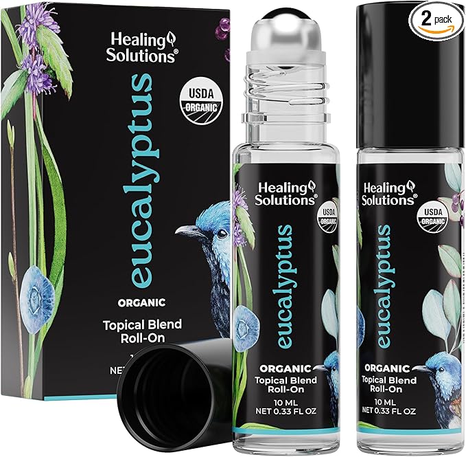 Healing Solutions (2 Pack) USDA Certified Organic Eucalyptus Essential Oil Roll-On Set - Rub on Chest and Breathe, for Skin