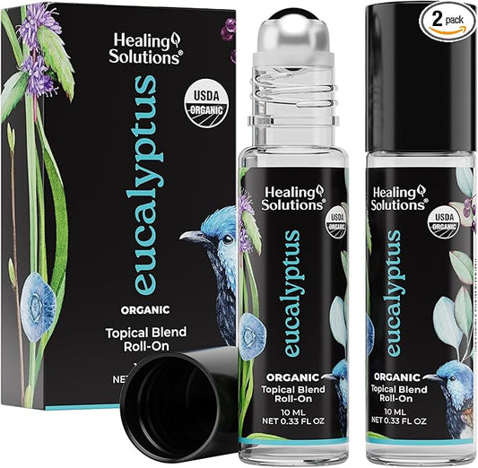 Healing Solutions (2 Pack) USDA Certified Organic Eucalyptus Essential Oil Roll-On Set - Rub on Chest and Breathe, for Skin
