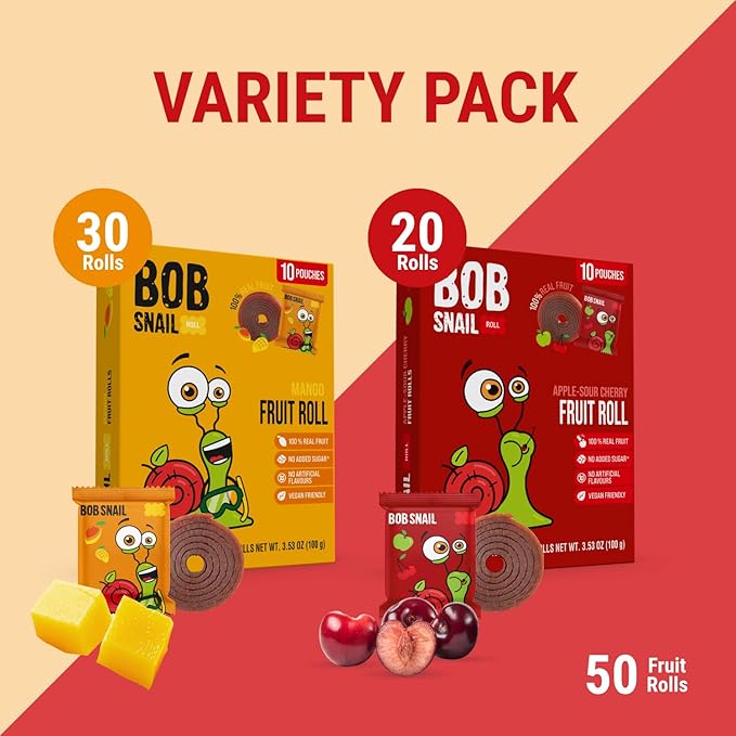 Bob Snail Exotic Mix Fruit Roll Ups – Healthy Sweets, Real Dried Fruits Snacks, No Added Sugar, Vegan, Nut Free, Candy for Adults and Kids – Flavour 50 pcs, 500g (Sour Cherry & Mango)