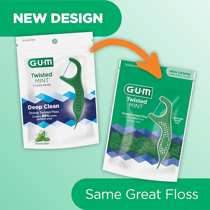 GUM Twisted Mint Floss Picks - Twisted Threads, Shred-Resistant Floss, Easy Grip Handle, 90 Count(Pack of 6)