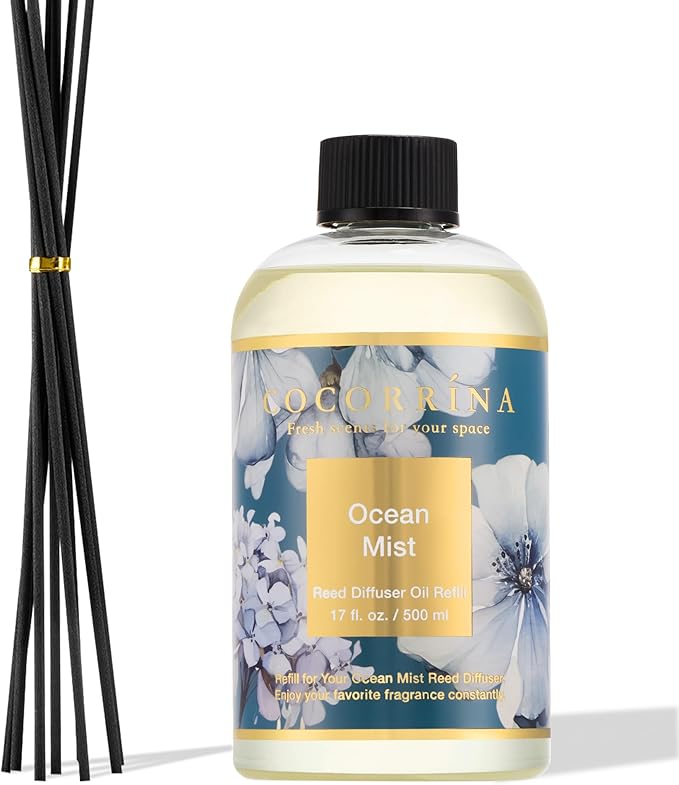 Cocorrína Reed Diffuser Refill Ocean Mist 17oz (500ml) with 8 Sticks - Premium Long-Lasting Scented Oil, Home Fragrance for Bedroom, Bathroom Home Decor