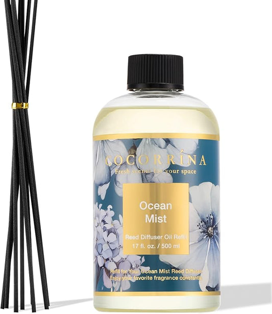 Cocorrína Reed Diffuser Refill Ocean Mist 17oz (500ml) with 8 Sticks - Premium Long-Lasting Scented Oil, Home Fragrance for Bedroom, Bathroom Home Decor