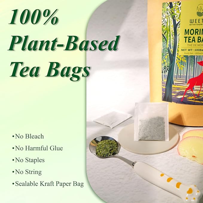 WT WEETEE Moringa Tea Bags 100 Count, 100% Pure Dried Moringa Leaves, Caffeine Free Nutrient-Dense Herbal Tea, Earthy Spinach Aroma & Bold Fermented Bean-Like Flavor