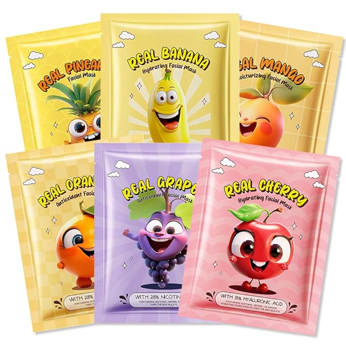 Kaely 6 Pack Fruit Face Masks for Kids, Kids Face Mask Spa Day Kit Supplies, Spa Party Favors for Teens Girls Women, Sheet Facial Mask Skincare Gifts Set, Moisturize Soothe for All Skin Types, 01