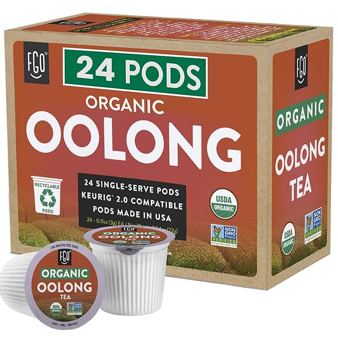 FGO Organic Oolong Tea K-Cup Pods for Keurig, 24 Count (Pack of 1), Premium Black Tea is USDA Organic, Non-GMO, & Recyclable with Naturally Occurring Caffeine