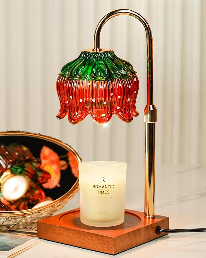 Candle Warmer Lamp with Timer Dimmable, Height Adjustable Birthday Gifts for Women Mom House Warming, Home Decor, Lotus Flower Candle Lamp Warmer 2 Bulbs Inc (Strawberry)