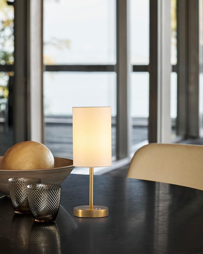 KDG Simple Cordless Table lamp, Portable Bedside 5000mAh LED Desk Lamp, 3 Brightness Levels Emergency Light, Linen Lampshade for Living Room, Bedroom, Dining Room, Night Light (Gold)