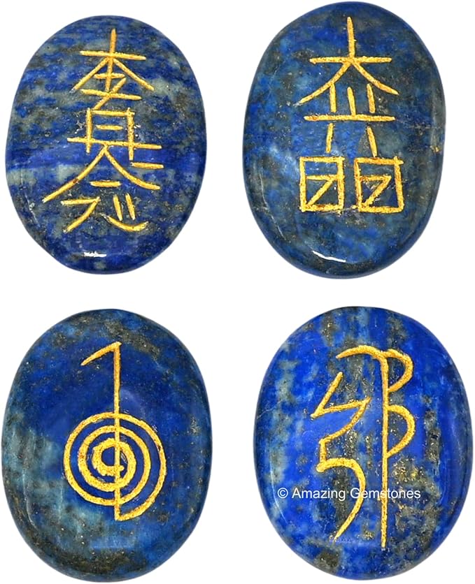 Amazing Gemstone Lapis Lazuli Crystal Reiki Stones with Engraved Symbols for Usui Reiki Healing, Set of 4 Pcs (Indian Handmade Reiki Gift Set)