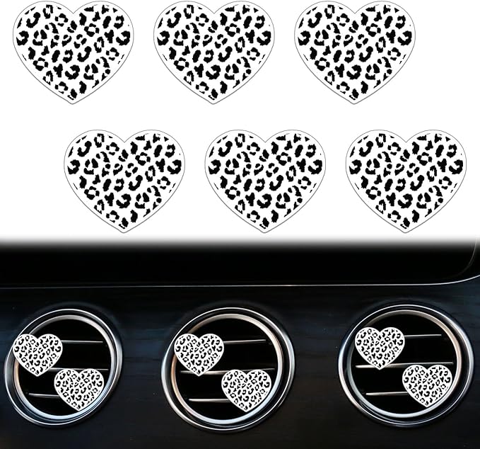 6 Pcs Heart Air Vent Clips, Cute Heart Car Air Fresheners Vents Clips Funny Cars Diffuser Vent Clips Cars Interior Decor Charm Cute Car Accessories,Decoration for Women Automotive (White Leopard)