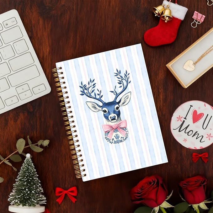 Exqcom Blue Chinoiserie Christmas Deer Spiral Notebook Gifts, Preppy Pink Bow Xmas Deer Journal for Women, Grandmillennial Christmas Hardcover Notebook Journal Office School Supplies, 5.5x8.3 Inch