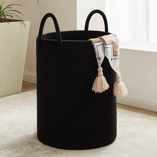 72L Large Woven Laundry Hamper by Fiona's magic, Tall Cotton Rope Storage Basket, Jute Baby Nursery Hamper for Blankets, Toys and Clothes in Bedroom and Living Room Organizing, Black