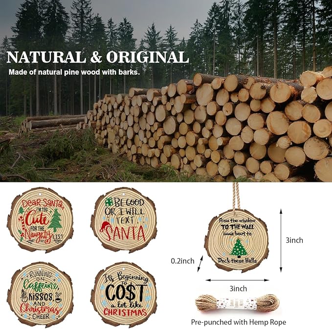 5pcs Vintage Christmas Decor Ornaments Wood Slices Christmas Tree Decorations Wooden Decorative Hanging Ornaments with Hemp Rope for Holiday Party Home Outdoor Indoor 3×3 Inch