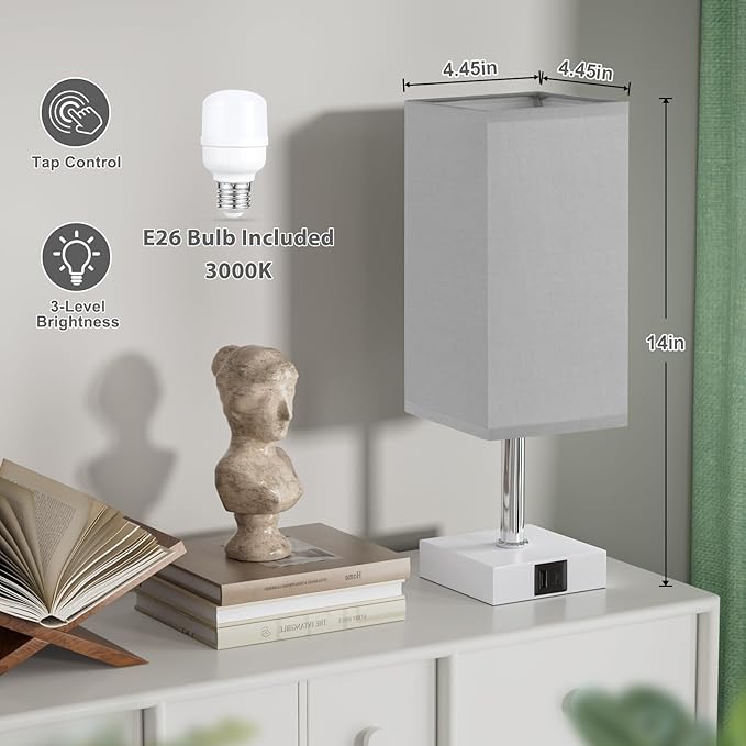Ambimall Touch Control Table Lamp with USB A+C Charging Ports - 3 Way Touch Lamps Bedside, Nightstand Lamp for Bedrooms Living Room Nursery, LED Bulb Included(Grey Shade)