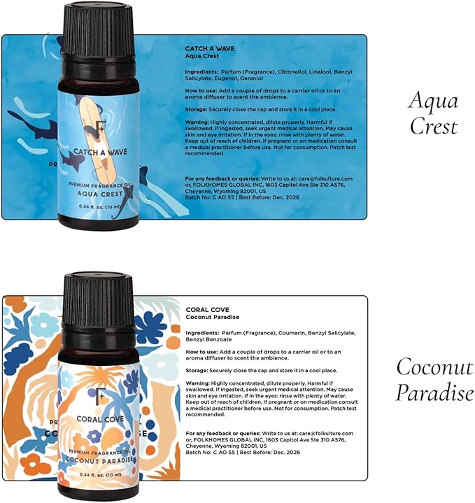 Folkulture Essential Oils for Home | Set of 6 (0.34 fl oz x 6) Beach Diffuser Oil for Relaxation | Coconut Essential Oil for Meditation | Aqua, Oud, Orange Zest Essential Oils for Women