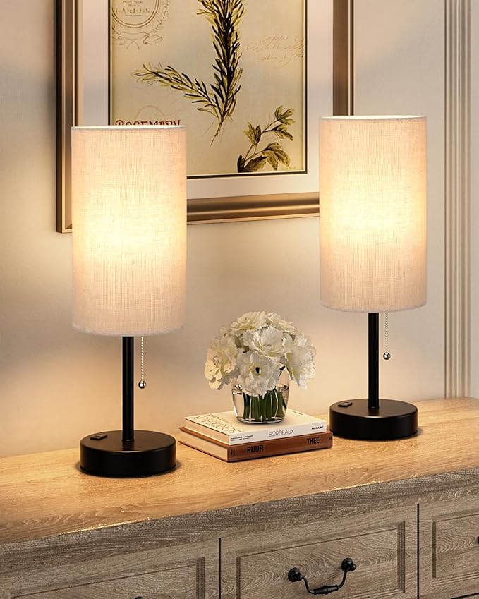 Fenmzee Plus Beige Bedside Table Lamps Set of 2-3 Color Temperatures Pull Chain Lamp with AC Outlet Charging Port, Two Round Night Stand Lamps for Bedroom Guest Room Office, Bed Side Light