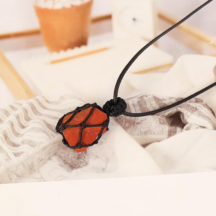 Handmade Natural Gemstone Crystal Pendant Necklace Stone Holder Necklace Cord Net Necklace with Adjustable Length for Women Men